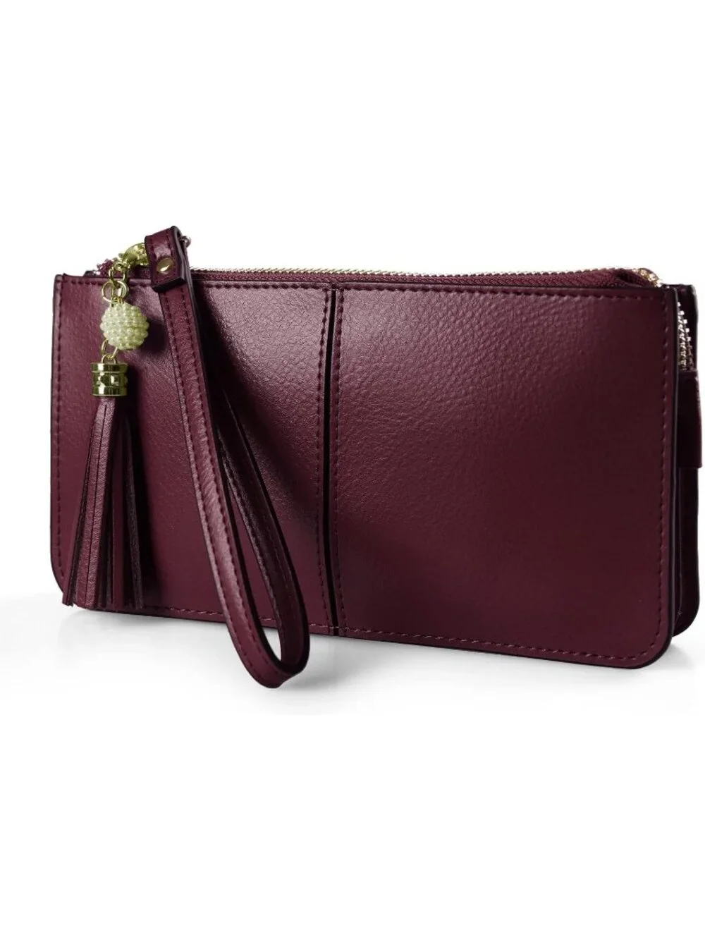 Women's Burgundy Leather Wristlet Clutch Wallet redit Card Holder Purse
